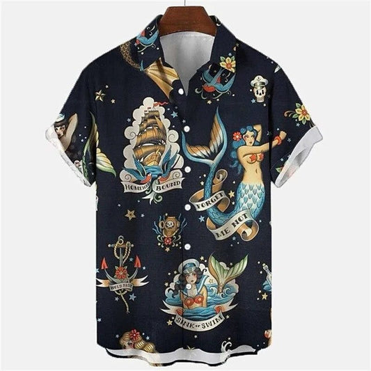 Men's Hawaiian Shirts: Retro Mermaid Print Summer