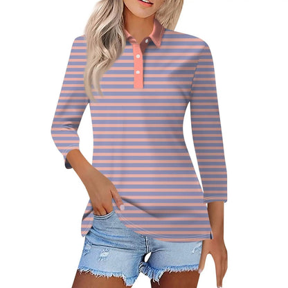 2024 Women's Striped Long Sleeve Polo Shirt
