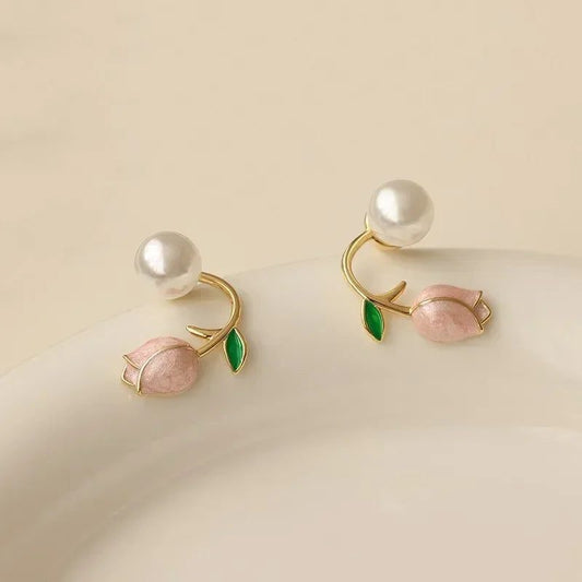 Elegant Pearl Tulip Flower Stud Earrings
