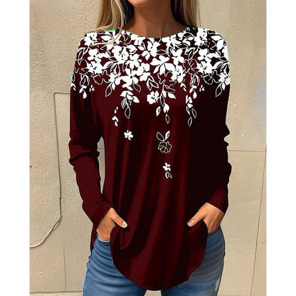 Stylish Long Sleeve Floral Cotton T-Shirts for Women