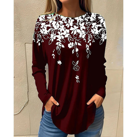 Stylish Long Sleeve Floral Cotton T-Shirts for Women