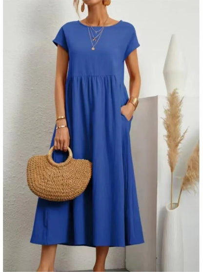 Casual Cotton Midi Dress with Pockets for Women