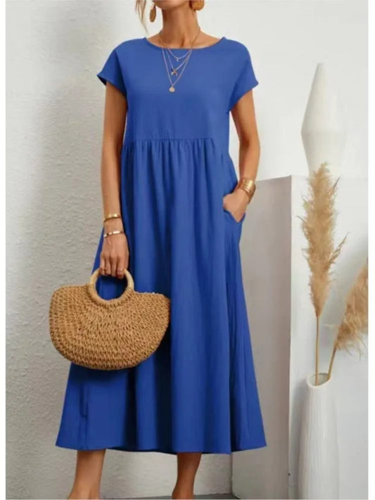 Casual Cotton Midi Dress with Pockets for Women