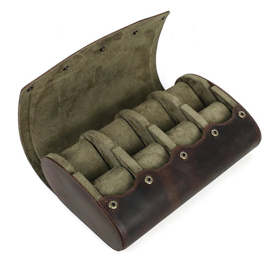 Vintage Leather Watch Roll Travel Case Organizer