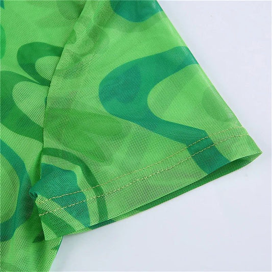 Pink Heart Print Mesh Crop Top Women