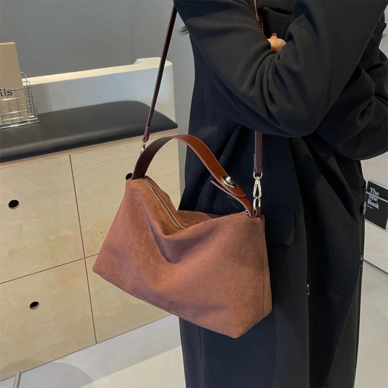 Versatile Brown Suede Handbag with Inner Pocket