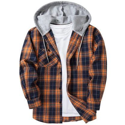Men's Casual Plaid Flannel Hooded Shirt