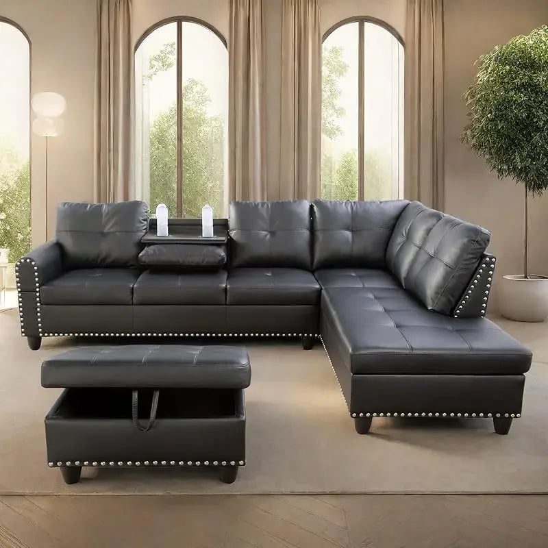 Modern L-Shaped Sofa with Ottoman for Living Room