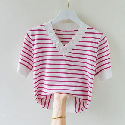 Summer V-Neck Striped T-Shirt for Women