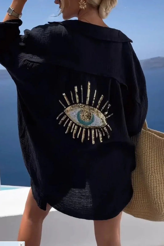 2024 Casual Sequin Eye Dress Shirts for Women