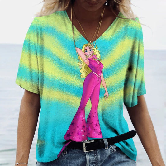 Vintage 3D Print V-Neck T-Shirt for Women