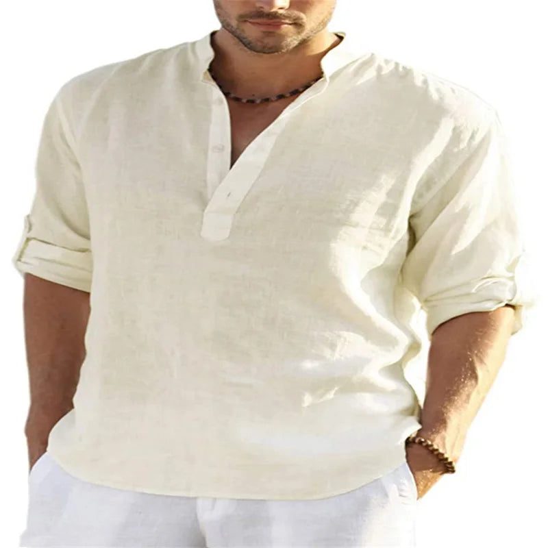 Men's V-Neck Cotton Linen Long Sleeve Shirt