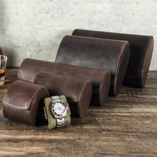 Vintage Leather Watch Roll Travel Case Organizer