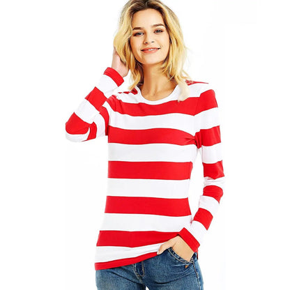 Women's Red White Striped Long Sleeve Tee