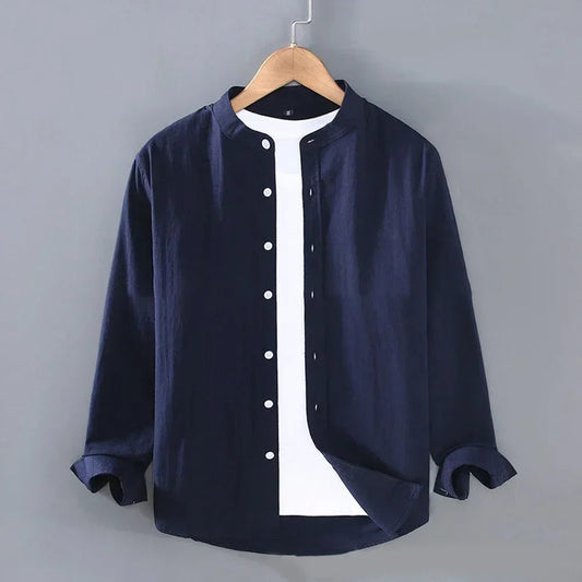Men's Linen Stand Collar Long Sleeve Shirt