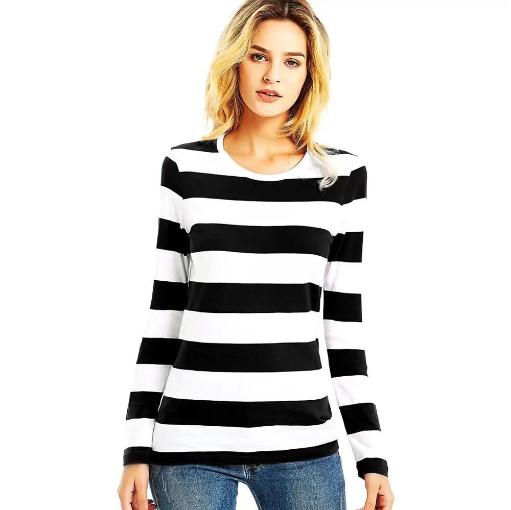Women's Red White Striped Long Sleeve Tee