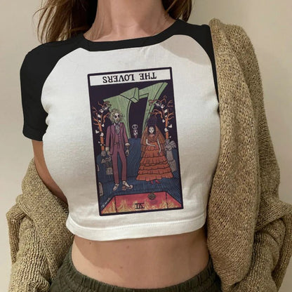 Trendy Women's Cropped T-Shirt with Tarot Print