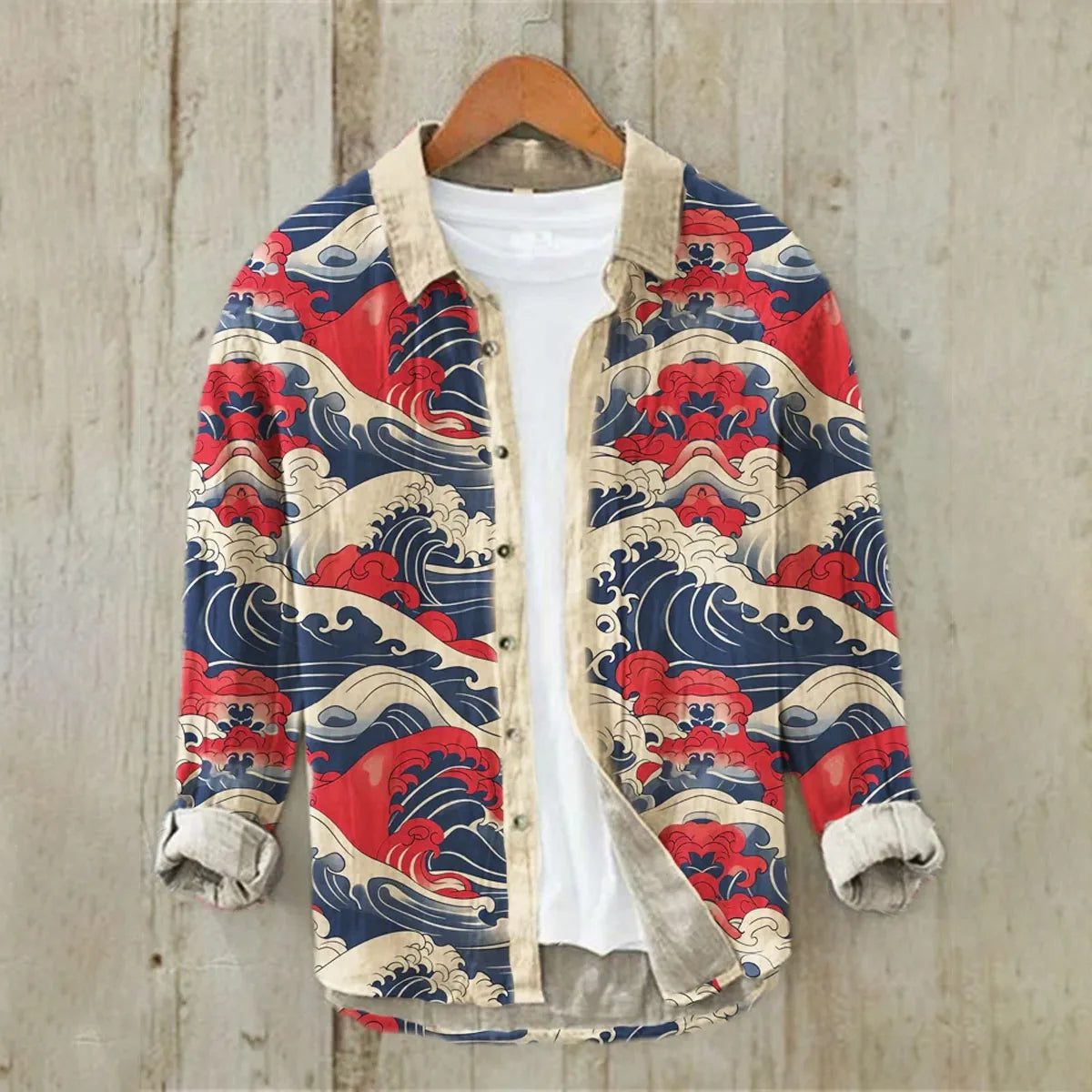 Men's Linen Hawaiian Shirt Ocean Wave Design