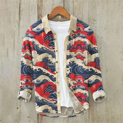 Men's Linen Hawaiian Shirt Ocean Wave Design