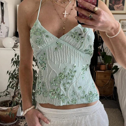 Sequin Beaded Halter Crop Top Women