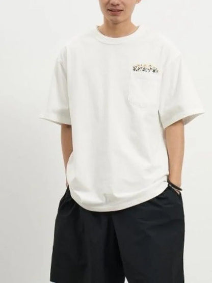 Men's Flower Embroidered Pocket T-Shirt - Streetwear