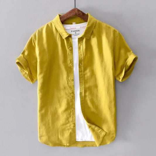 Men's Casual Yellow Cotton Linen Short Sleeve Shirts