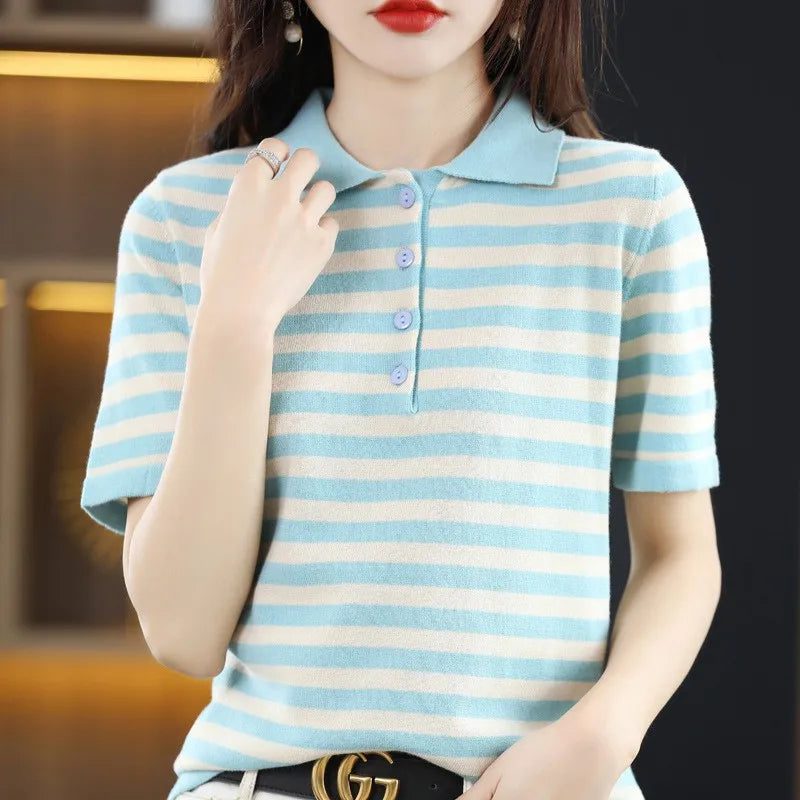 Casual Striped Short Sleeve Polo Shirt