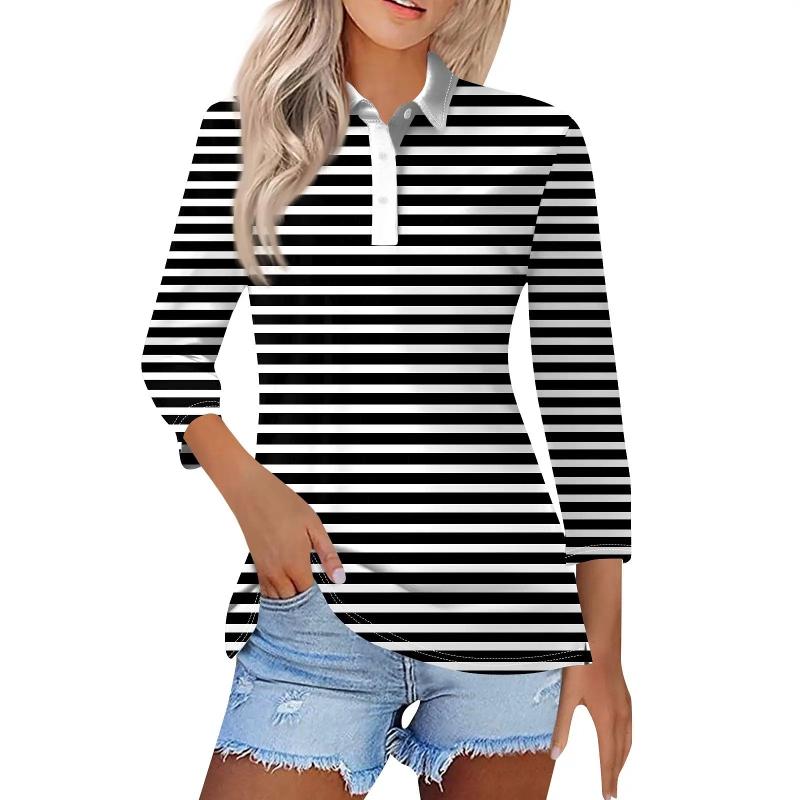 2024 Women's Striped Long Sleeve Polo Shirt