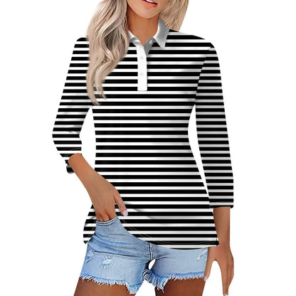 2024 Women's Striped Long Sleeve Polo Shirt