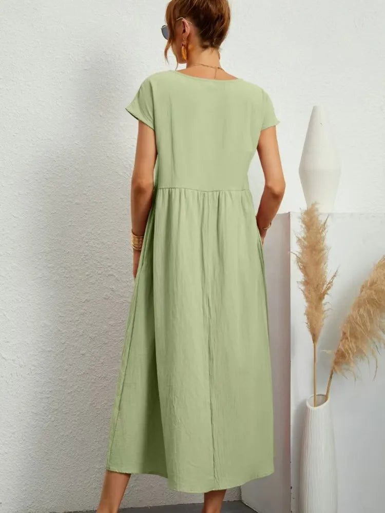 Casual Cotton Midi Dress with Pockets for Women