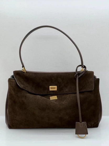Trendy Suede Tote Bag with Metal Buckle