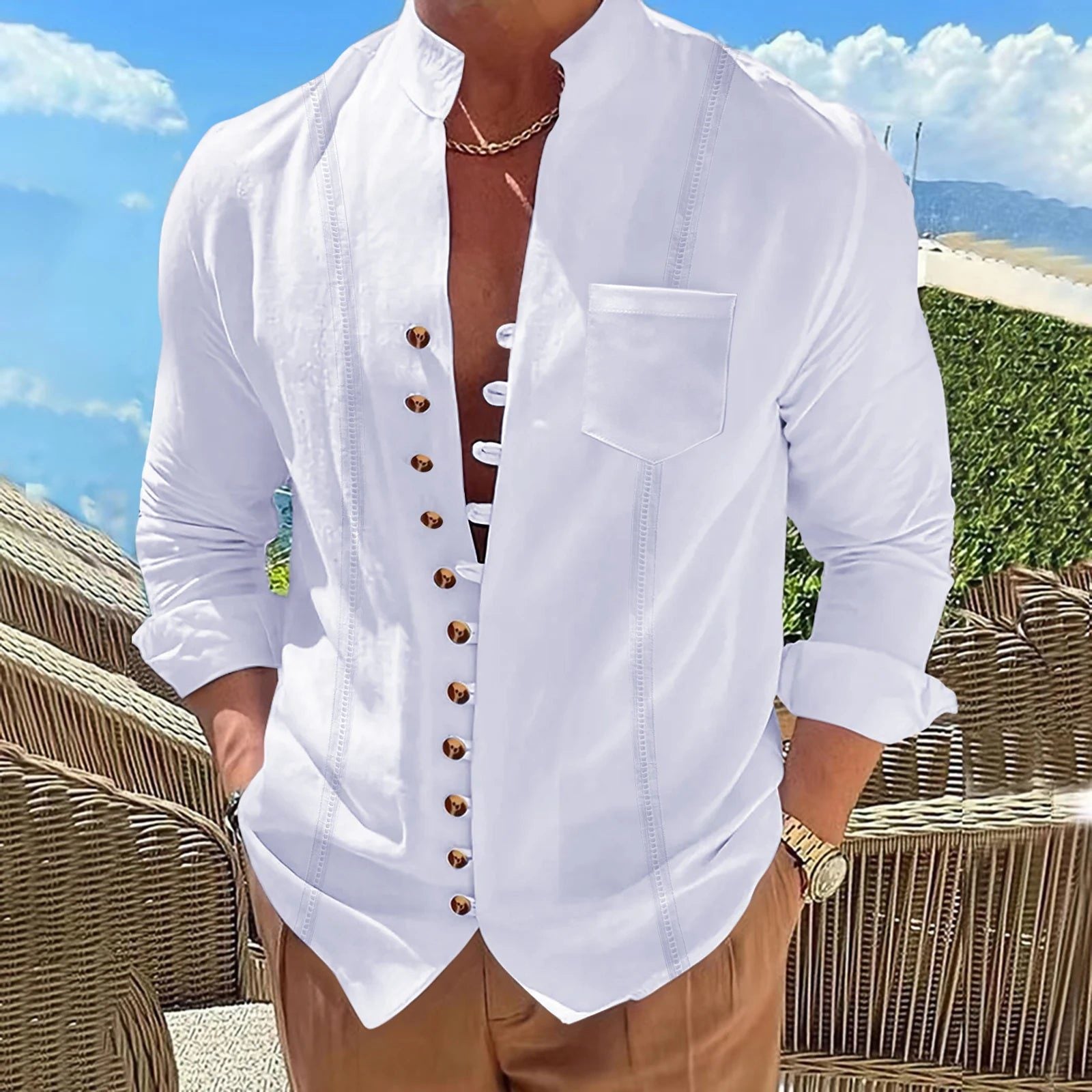 Men's Casual Cuban Linen Shirt with Pocket