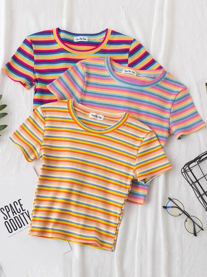 Summer Rainbow Striped Slim Fit T-Shirt