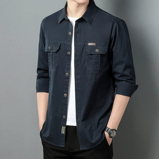 Men's Oversized Black Linen Tactical Shirt