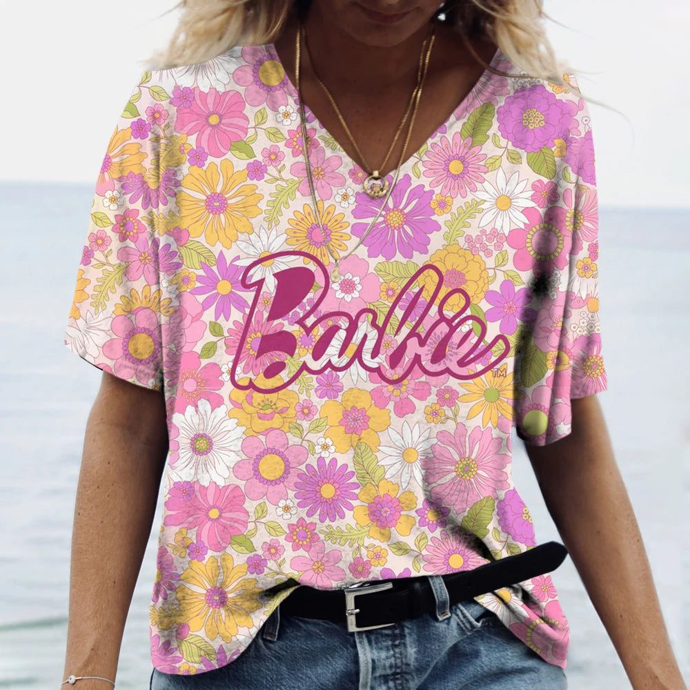 Vintage 3D Print V-Neck T-Shirt for Women