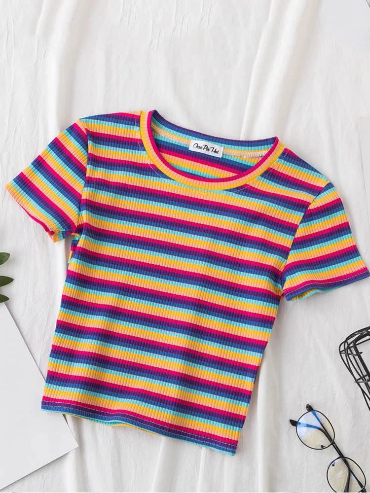 Summer Rainbow Striped Slim Fit T-Shirt