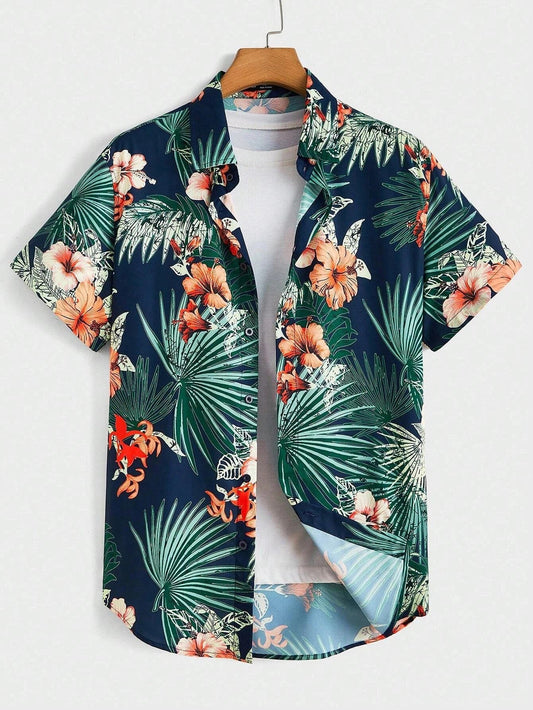Hawaiian Floral Print Short Sleeve Button-Down Shirt