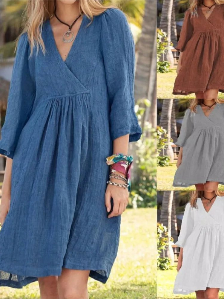 Elegant Cotton Linen Midi Dress for Women