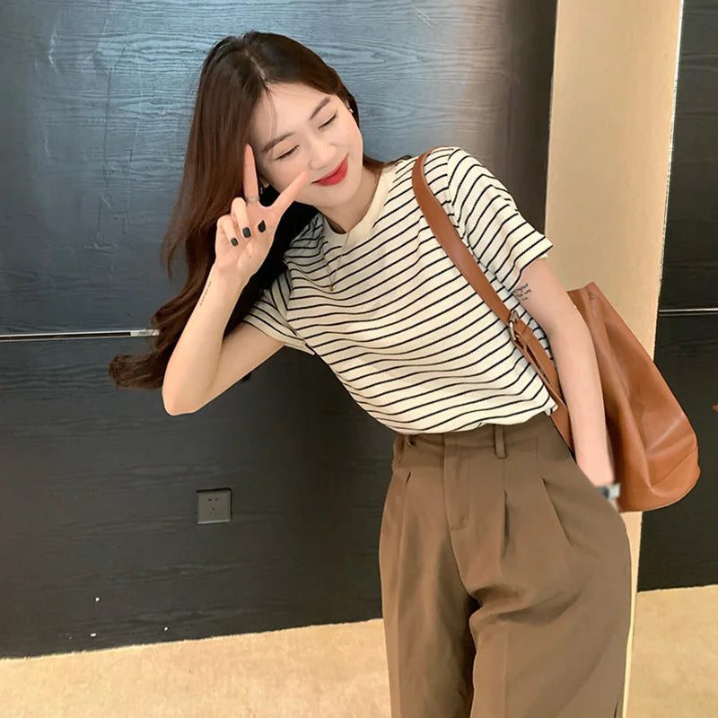 Casual Striped Cotton Tees for Women