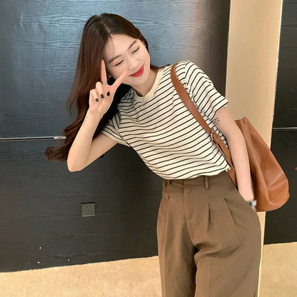 Casual Striped Cotton Tees for Women
