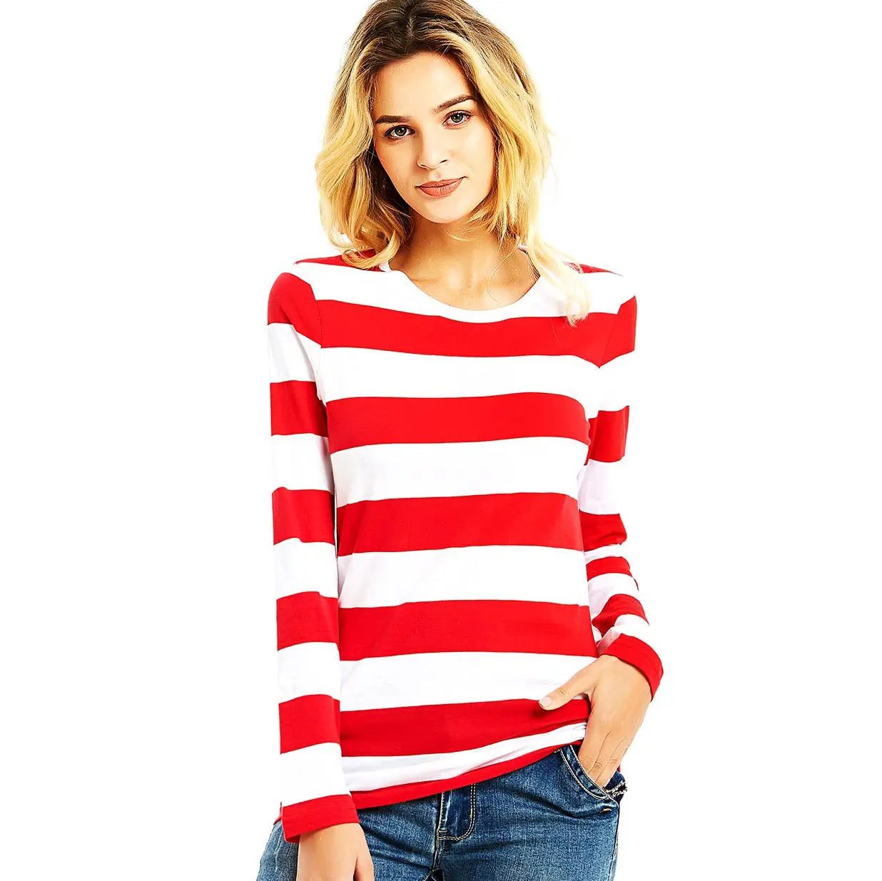 Women's Red White Striped Long Sleeve Tee