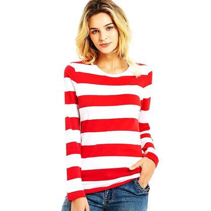 Women's Red White Striped Long Sleeve Tee