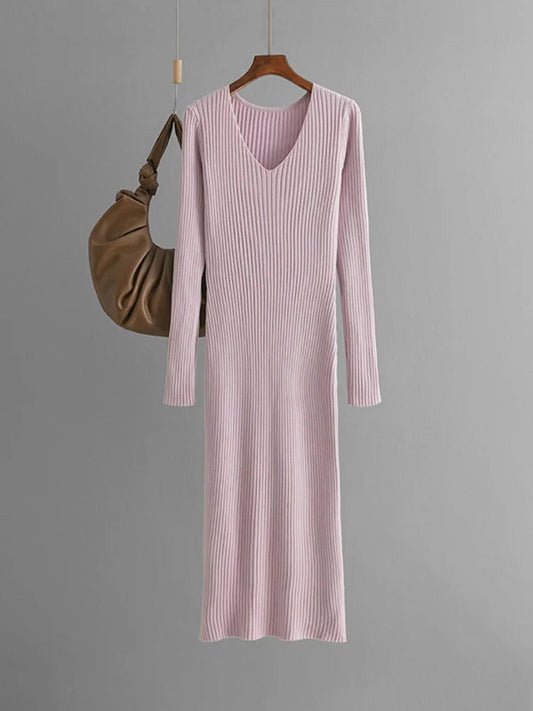 Light Blue V Neck Knitted Sweater Dress