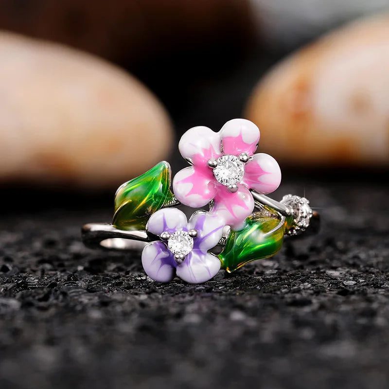 Luxury Green Leaf Enamel Women's Ring