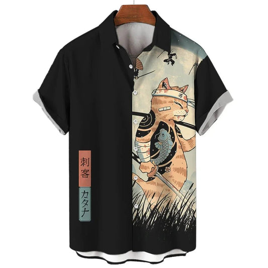 Cool Samurai Cat Hawaiian Shirt for Men
