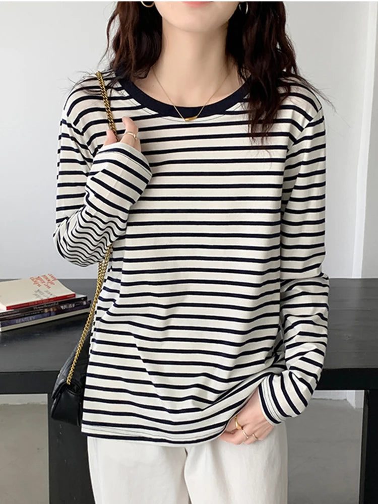 Women's Striped Long Sleeve Cotton T-Shirt