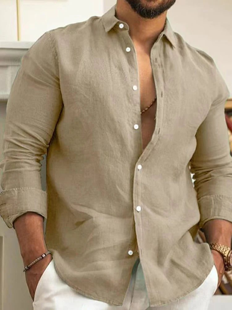 Classic Men's Cotton Linen Button-Up Shirt