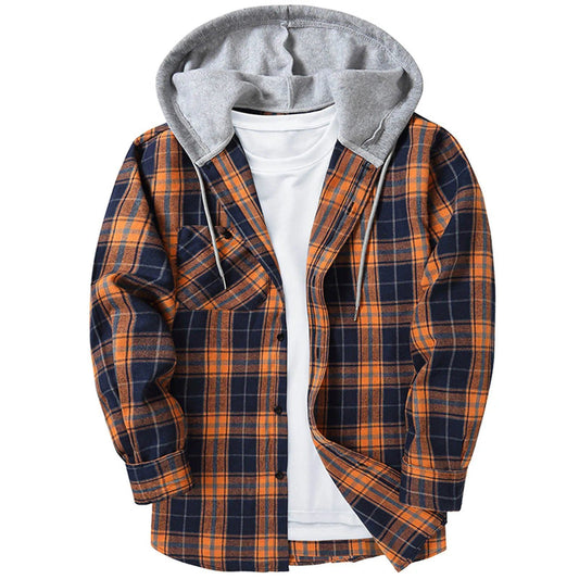 Men's Casual Plaid Flannel Hooded Shirt