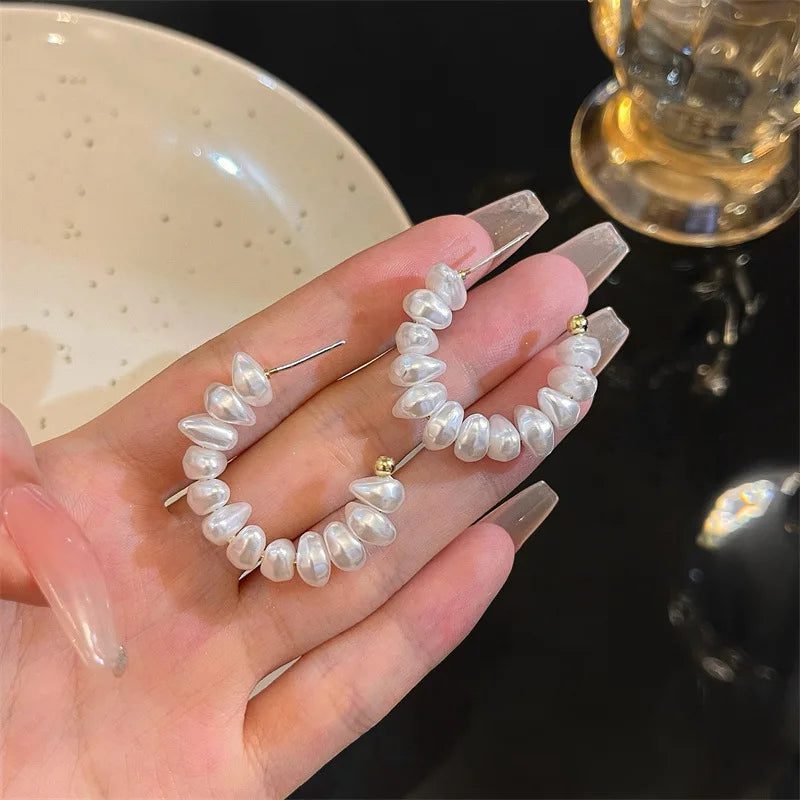 Trendy C-Shaped Pearl Hoop Earrings for Women