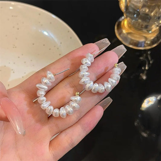 Trendy C-Shaped Pearl Hoop Earrings for Women